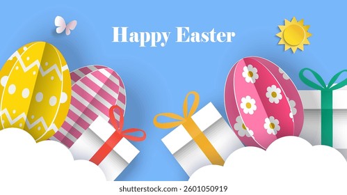 Happy Easter  festive  banner design with paper cut eggs  and gift boxes. Vector illustration.
