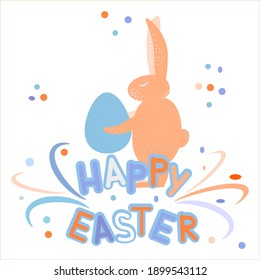 Happy Easter festive banner. Hand lettering with floral decoration and rabbit with egg. Vector illustration in trendy colors.