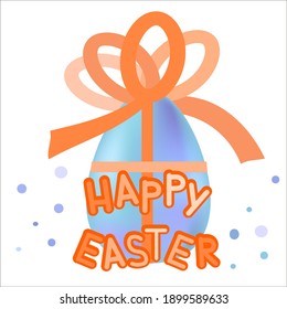 Happy Easter festive banner. Hand lettering with colorful Easter egg in gift ribbon and decor. Vector illustration in trendy pastel colors.