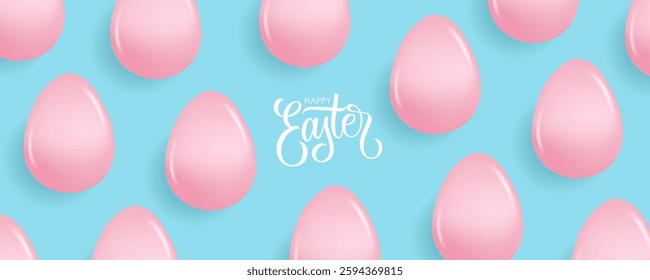 Happy Easter festive banner. Hand lettering and pink glossy Easter Eggs. Blue background. Vector illustration.