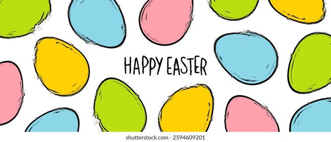 Happy Easter festive banner. Hand lettering and brush stroke Easter Eggs. White background. Vector illustration.