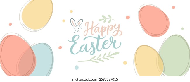 Happy Easter festive banner. Hand lettering and Easter eggs. Cute graphic design for Easter holiday greetings and invitations. Vector illustration.