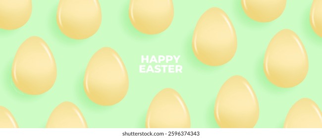 Happy Easter festive banner. Yellow glossy Easter Eggs on green background. Vector illustration.