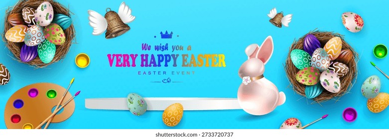 Feliz Pascua. Un arreglo azul festivo con un conejito lindo, pinturas y pinceles