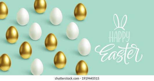 Happy Easter festive blue background with gold and white Easter eggs. Vector illustration EPS10