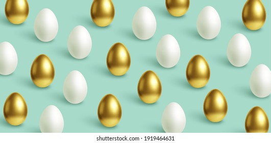 Happy Easter festive blue background with gold and white Easter eggs. Vector illustration EPS10