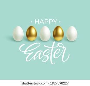 Happy Easter festive blue background with gold and white Easter eggs. Vector illustration EPS10