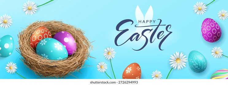 Frohe Ostern. Festliche blaue Karte mit einem Nest und Ostereiern.