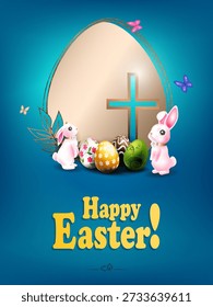 Happy Easter. Festive blue card with Easter eggs and bunnies