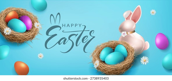 Happy Easter. Festive blue card with a straw nest and a bunny