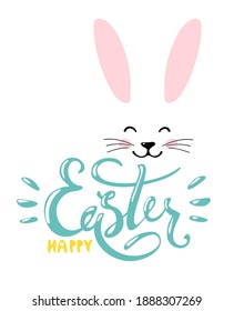 Happy easter. Festive card with a bunny, a wish and decorated eggs, flyer, letterhead. Simple vector illustration isolated on white background, flat design.