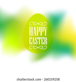 Happy Easter - festive card with congratulations and egg silhouette on spring blurred background.