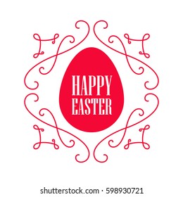 Happy Easter - festive card with floral line elements and egg silhouette. Vector illustration.