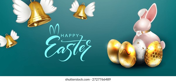 Frohe Ostern. Festkarte mit einem Porzellanhasen, goldenen Eiern und Glocken