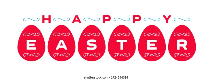 Happy Easter - festive card or poster with eggs silhouettes and lineart elements. Horizontal Vector illustration.