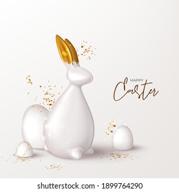 Happy Easter festive card template. Festive background with porcelain rabbit with gold ears, white eggs and golden confetti. Vector illustration with 3d decorative object. Greeting card.