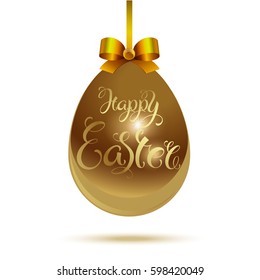 Happy Easter. Festive celebration on the background of a festive chocolate egg with a yellow silk bow of ribbons. Vector