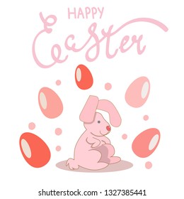 Happy easter. Festive concept for the holiday of Easter. Easter pink bunny. Around the rabbit gently pink and coral eggs. Colored eggs.