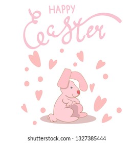 Happy easter. Festive concept for the holiday of Easter. Easter pink bunny. Around the rabbit gently pink hearts.