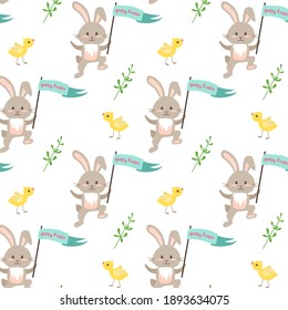 Happy Easter. Festive decoration seamless pattern with rabbit, chick and green twig. Elements for wrapping paper, print. Vector flat illustration