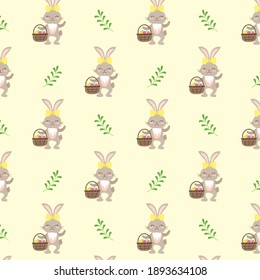 Happy Easter. Festive decoration seamless pattern with rabbit and green twig. Elements for wrapping paper, print. Vector flat illustration