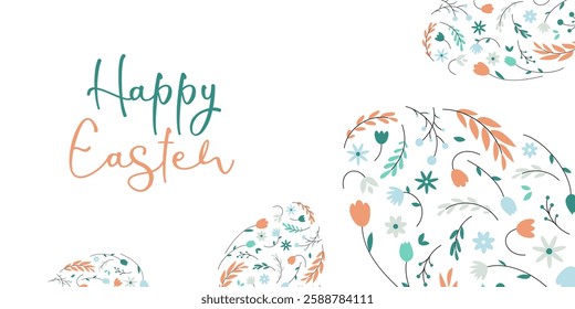 Happy Easter. Festive Easter egg with botanical floral pattern. Holiday greeting card, poster, banner. Vector illustration