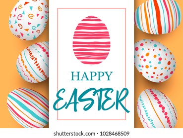 Happy Easter. Festive easter golden background. Easter colorful eggs in vertical line with elegant ornaments and label