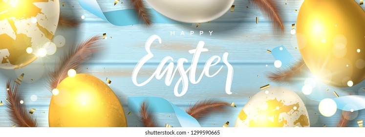 Happy Easter festive horizontal banner. Beautiful banner with realistic white and gold Easter eggs, sparkling golden confetti, satin ribbons and chicken feathers. Holiday vector illustration.