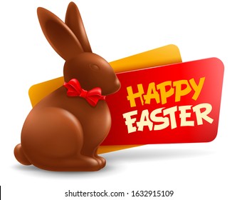 Happy Easter festive label or badge with chocolate bunny, delicious sweet gift to Easter holiday. Vector illustration. 