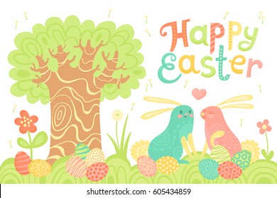 Happy Easter festive postcard with rabbits painted eggs on a meadow. Vector illustration.