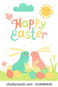 Happy Easter festive postcard with rabbits painted eggs on a meadow. Vector illustration.
