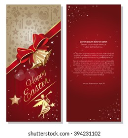 Happy Easter. Festive red background with ribbon, bow, angel and bells. Vector flyer template for Easter. Front and back. Easter greeting card