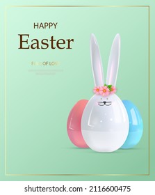Happy Easter. Festive spring 3d composition. Easter bunny with spring flowers and easter ceramic eggs.Minimal background. Modern creative template. Vector illustration
