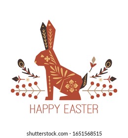 Happy Easter. Festive square Easter card with rabbit, floral tribal decoration pattern and lettering on a white background. Vector boho greeting card for invitations, cards and your creativity.