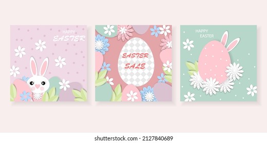 Feliz Pascua. Plantillas cuadradas festivas con flores cortadas de papel, conejito de Pascua y huevos de pollo. Ilustración vectorial para postales, carteles, anuncios, sitios web, publicaciones en medios sociales.