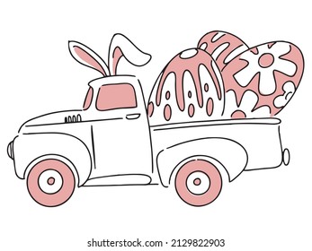 Happy Easter. Festive truck with painted eggs. Cartoon car with bunny ears