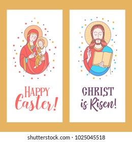 happy Easter!  Festive vector illustration. The virgin with the baby Jesus in her arms. Jesus Christ with the Bible.