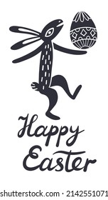 Happy Easter. Festive vector monochrome illustration with Easter Bunny, egg and hand lettering phrase. Modern folk style.