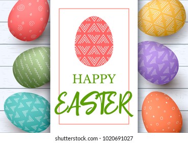 Happy Easter. Festive easter white wooden background. Easter colorful eggs in vertical line with elegant ornaments. hand font vector illustration. template, decoration, advertising, poster, banner