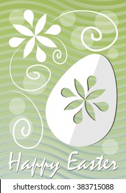 Happy Easter fine green wavy background with easter egg paper cut and white floral motif. Unobtrusive template for postcard, easter decoration, easter offer leaflet, spring poster, modern easter flyer