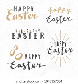 Happy Easter Five Calligraphic Duotone Logos Collection Compiled with Hand Drawn Letterings and Egg Shapes - Black and Beige Elements on White Rough Paper Background - Retro Style Graphic Design