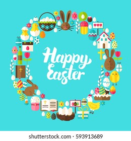 Happy Easter Flat Circle. Collection of Spring Holiday Objects.