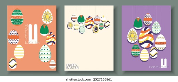 Póster de felicitación de diseño plano de Pascua feliz, folleto, tarjeta, diseño, presentación, folleto, Anuncio, conjunto de Plantillas. patrones populares pintados Guirnalda de huevos de Pascua