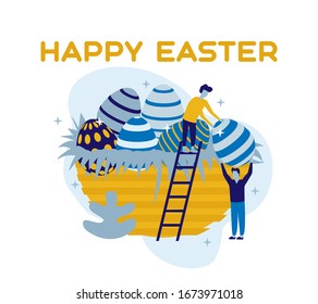 Happy easter, flat design illustration, landing page, people and easter eggs. flat character.
