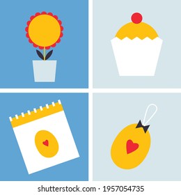 Happy Easter flat elements vector. Cartoon spring illustration. Calendar, cupcake, sunflower and Easter egg. Egg hunt poster template. Scandinavian design.