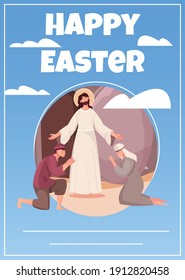 Happy easter flat greeting card with jesus christ and praying people vector illustration