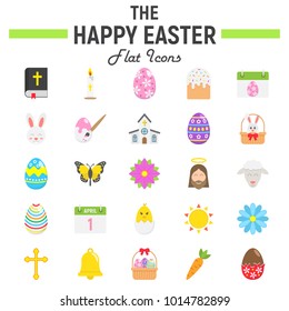 Happy Easter flat icon set, holiday symbols collection, vector sketches, logo illustrations, celebration signs colorful solid pictograms package isolated on white background, eps 10.