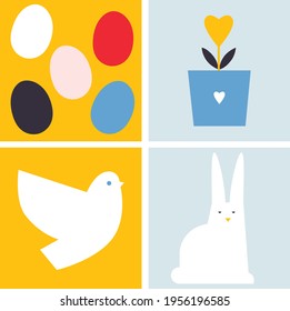 Happy Easter flat icons vector. Egg, dove, flower, rabbit set illustration. Egg hunt poster template. Festive spring holiday event design in flat cartoon style. All elements are isolated. 