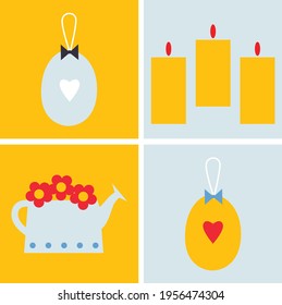 Happy Easter flat icons vector.  Egg, candle, flower, set illustration. Egg hunt poster template. Festive spring holiday event design in flat cartoon style. All elements are isolated.