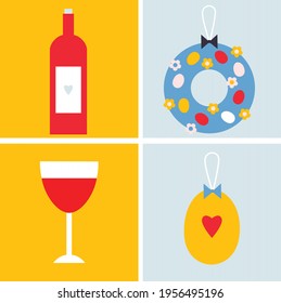 Happy Easter flat icons vector. Egg hunt poster template. Festive spring holiday event design in flat cartoon style. All elements are isolated.